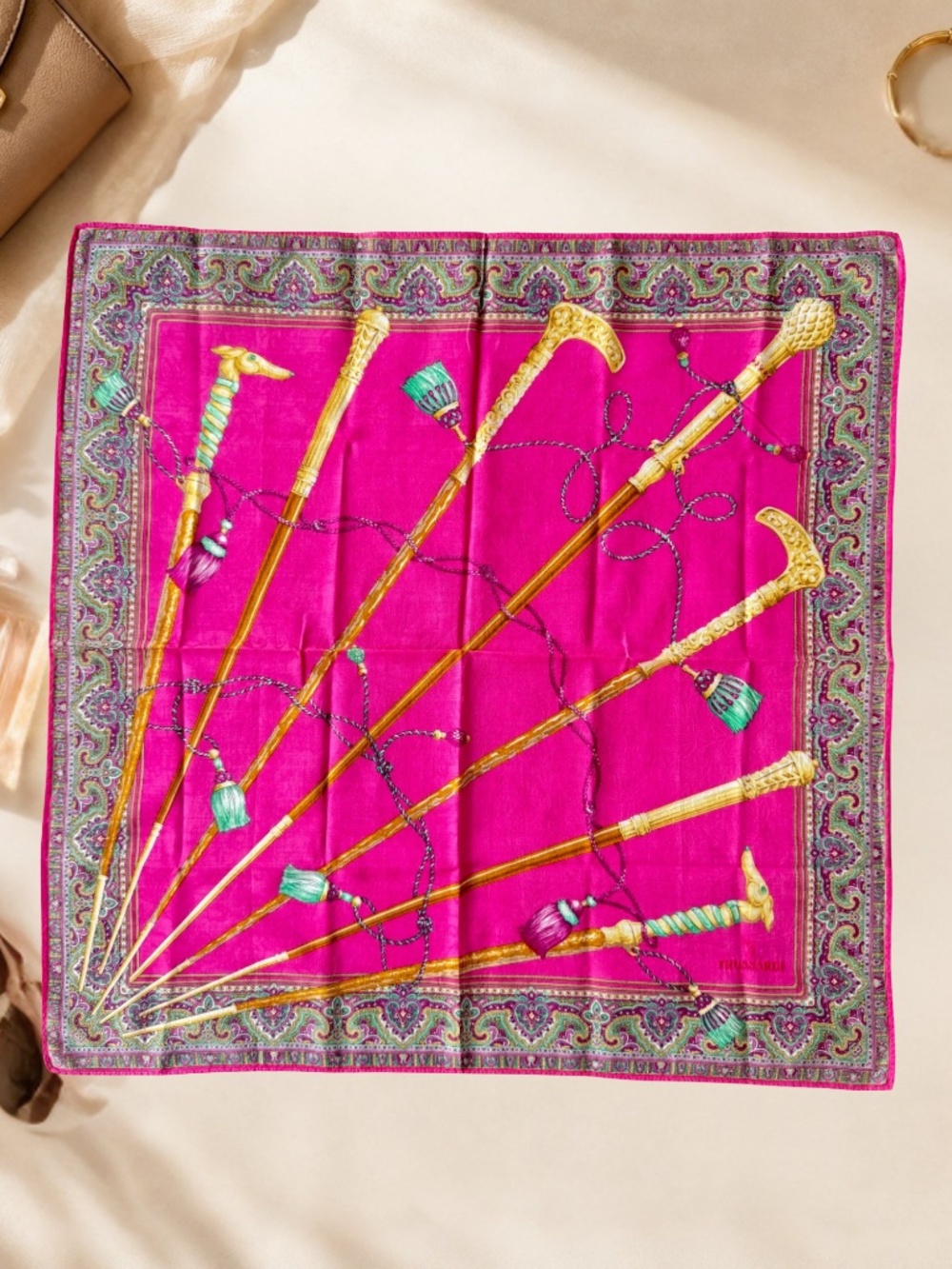 Vintage Trussardi Scarf Italian Neckerchief Magenta Paisley Walking Cane Tassel